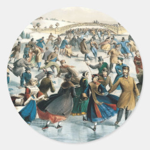Pegatina Redonda Navidad Victoriana Central Park Currier & Ives
