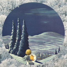 Pegatina Redonda Navidad Vintage, Ángel de la nieve caminando con u