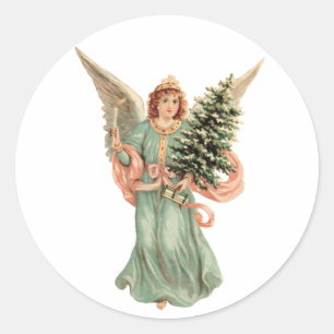 Pegatina Redonda Navidad vintage, Ángel victoriano con árbol