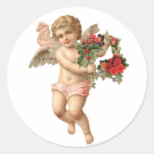 Pegatina Redonda Navidad Vintage, Ángel Victoriano con Corona Flora