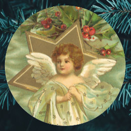 Pegatina Redonda Navidad Vintage, Ángel Victoriano con Estrellas Do