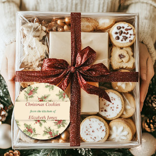 Pegatina Redonda Navidad Vintage, Bayas de Acebo, Personalizado