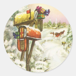 Pegatina Redonda Navidad Vintage, buzones en paisaje invernal