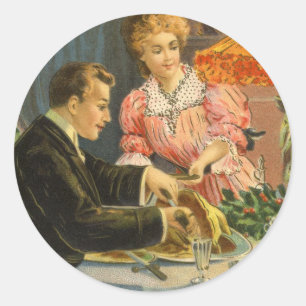 Pegatina Redonda Navidad Vintage, Cena Familiar Victoriana