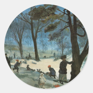 Pegatina Redonda Navidad Vintage, Central Park en Invierno Glackens