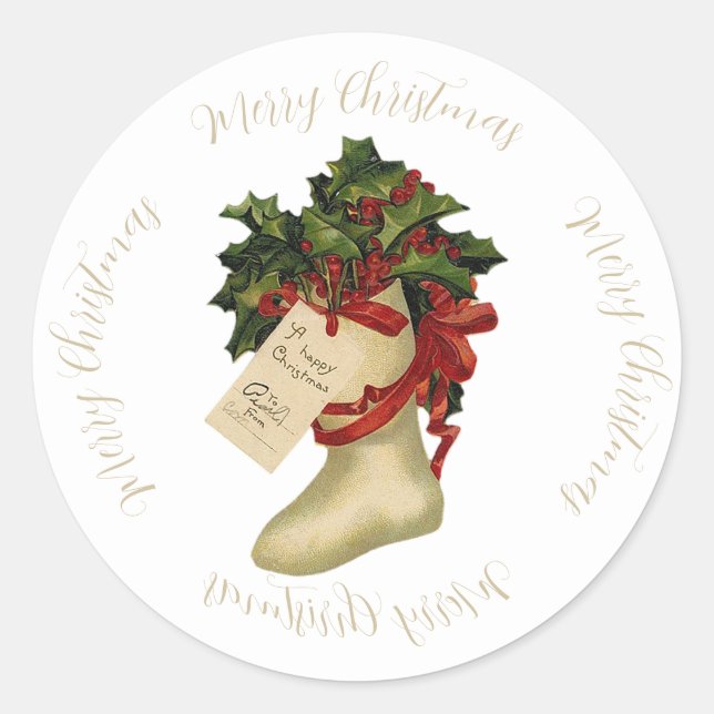 Pegatina Redonda Navidad vintage con Holly y Berries (Anverso)