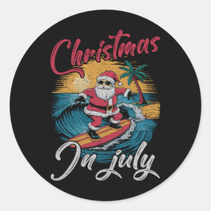 Pegatina Redonda Navidad Vintage En Julio Santa Hawaiano Surf S
