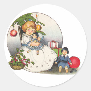 Pegatina Redonda Navidad vintage, feliz Chica jugando con muñecas