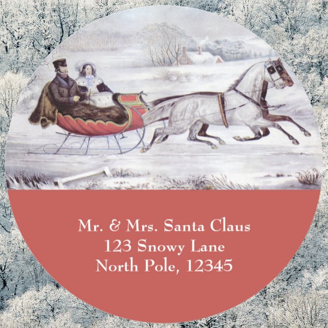 Pegatina Redonda Navidad Vintage, Invierno Camino, Caballo Sleigh (Subido por el creador)