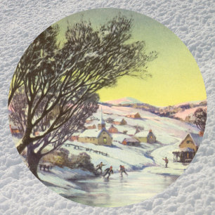 Pegatina Redonda Navidad Vintage, Lago Congelado con Patinadores so