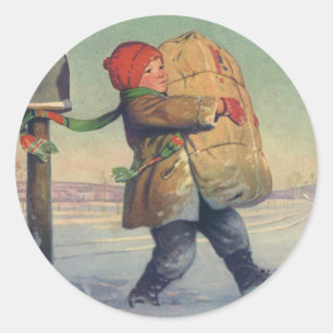 Pegatina Redonda Navidad Vintage, Niño con Paquete Grande