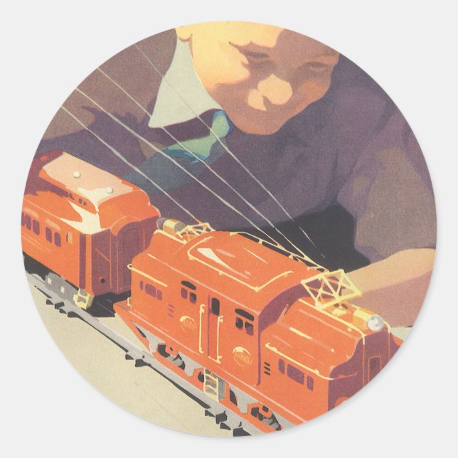 Pegatina Redonda Navidad vintage, niño jugando con juguetes (Anverso)