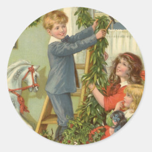 Pegatina Redonda Navidad Vintage, niños victorianos decorando