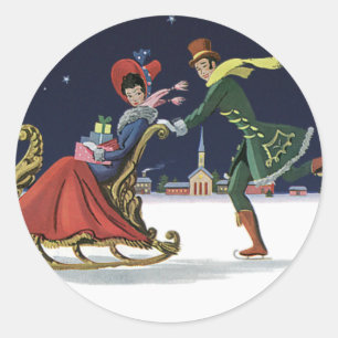 Pegatina Redonda Navidad vintage, pareja enamorada patinando hielo