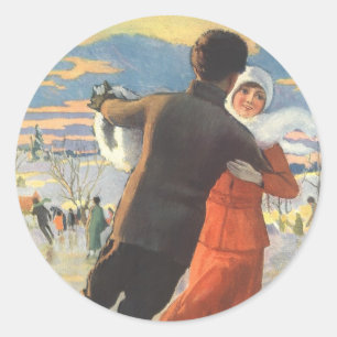 Pegatina Redonda Navidad Vintage, Pareja Romántica Patinando sobre 