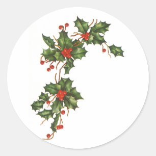 Pegatina Redonda Navidad Vintage, Planta de Acebo con Bayas Rojas