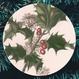Pegatina Redonda Navidad Vintage, Planta de Acebo con Bayas Rojas