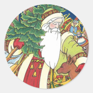 Pegatina Redonda Navidad Vintage, Santa Claus Ciervo en Bosque