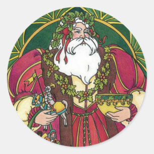 Pegatina Redonda Navidad vintage, Santa Claus con hojas holly