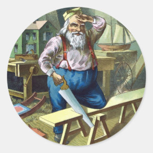 Pegatina Redonda Navidad Vintage, Santa Claus Construyendo Juguetes