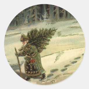 Pegatina Redonda Navidad Vintage, Santa Claus llevando un árbol