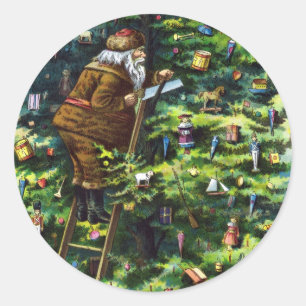 Pegatina Redonda Navidad vintage, Santa Claus victoriano con árbol