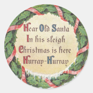Pegatina Redonda Navidad Vintage, Santa Claus Victoriano en Corona