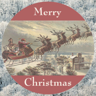 Pegatina Redonda Navidad Vintage, Santa Claus victoriano en trineo