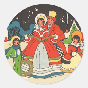 Pegatina Redonda Navidad Vintage, una familia cantando villancicos