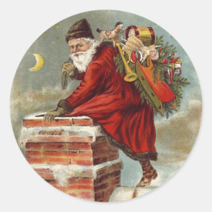 Pegatina Redonda Navidad Vintage Victoriana San Nicolás en el Tejad