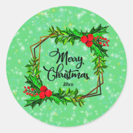 Pegatina Redonda Navidades 20xx Holly Red Berries Verde Moderno
