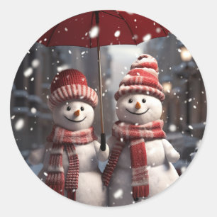 Pegatina Redonda Navidades 2 Snowmen 1 Pareja de Nieve Paraguas