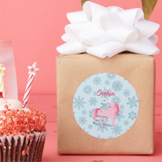 Pegatina Redonda Navidades acribillan Chica rosa de unicornio con c (Fiesta)