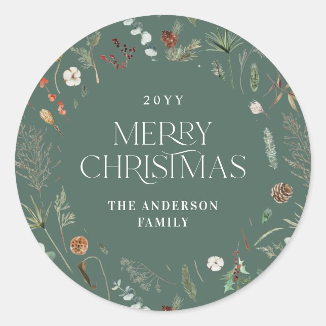 Pegatina Redonda Navidades acuarela arcilla floral botánica verde (Anverso)