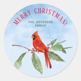 Pegatina Redonda Navidades acuarela azul verde verde rojo cardenal