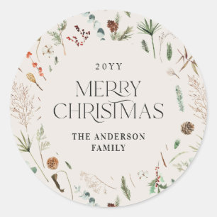 Pegatina Redonda Navidades acuarela floral botánica natural