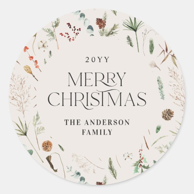 Pegatina Redonda Navidades acuarela floral botánica natural (Anverso)