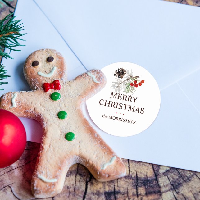 Pegatina Redonda Navidades acuarela Pine Cone Berries Nombre (Christmas Watercolor Pine Cone Berries Name Classic Round Sticker)