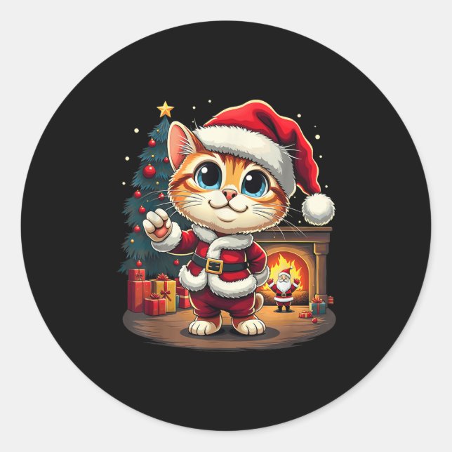 Pegatina Redonda Navidades adorables Cat Santa Claus Lovely Xmas Ki (Anverso)