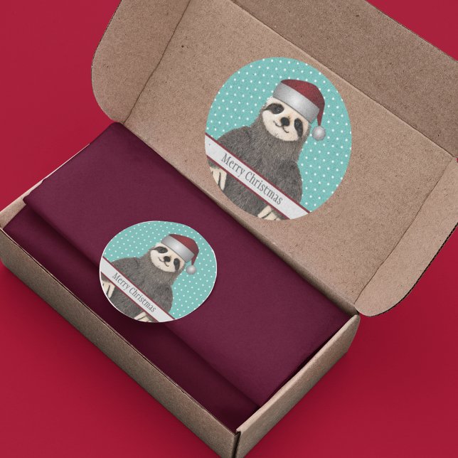 Pegatina Redonda Navidades Adorables Sloth Nombre Verde azulado Niñ (Adorable Christmas sloth stickers.)