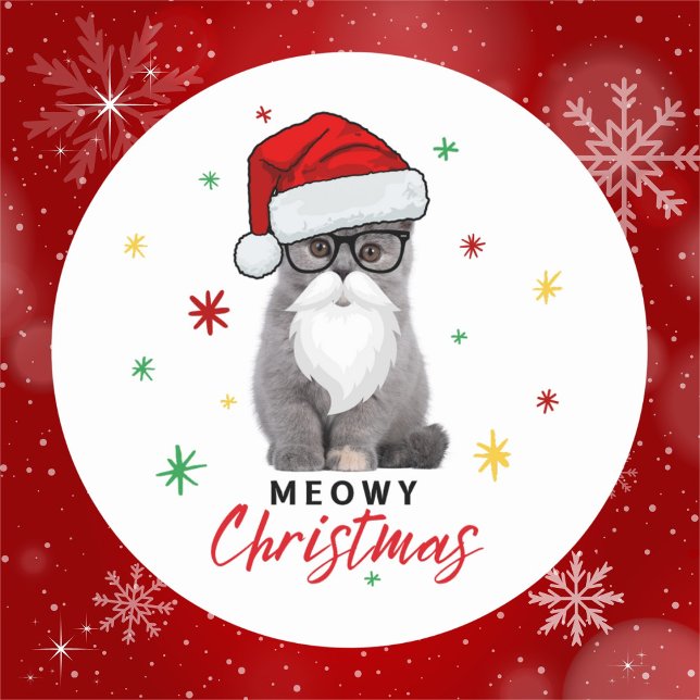 Pegatina Redonda Navidades adorables y bonitos de Santa Kitten Meow (Available in different sizes. Goes great on Christmas gifts, cards and many other items.)