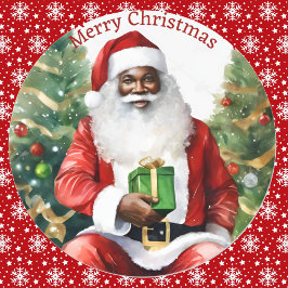 Pegatina Redonda Navidades afroamericanos de Santa Claus acuarela