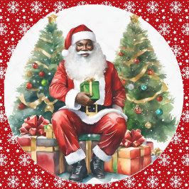 Pegatina Redonda Navidades afroamericanos de Santa Claus acuarela