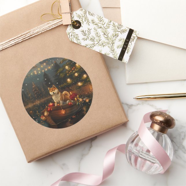 Pegatina Redonda Navidades Akita Festividad (Regalar)