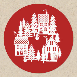 Pegatina Redonda Navidades Aldea Rojo y Blanco