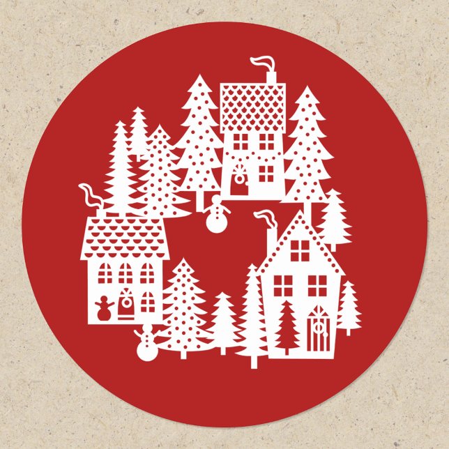 Pegatina Redonda Navidades Aldea Rojo y Blanco (Red and white festive Christmas Village stickers)