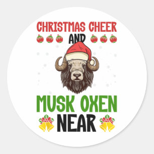 Pegatina Redonda Navidades Alegran Y Musk Oxen Cerca - Musk Ox Musk