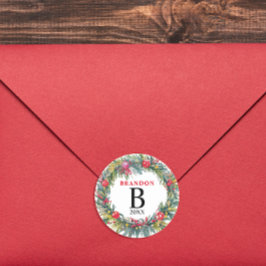 Pegatina Redonda Navidades alegres acuarela Nombre de la corona de