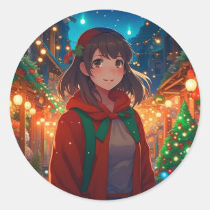 Pegatina Redonda Navidades alumbran a Chica Anime