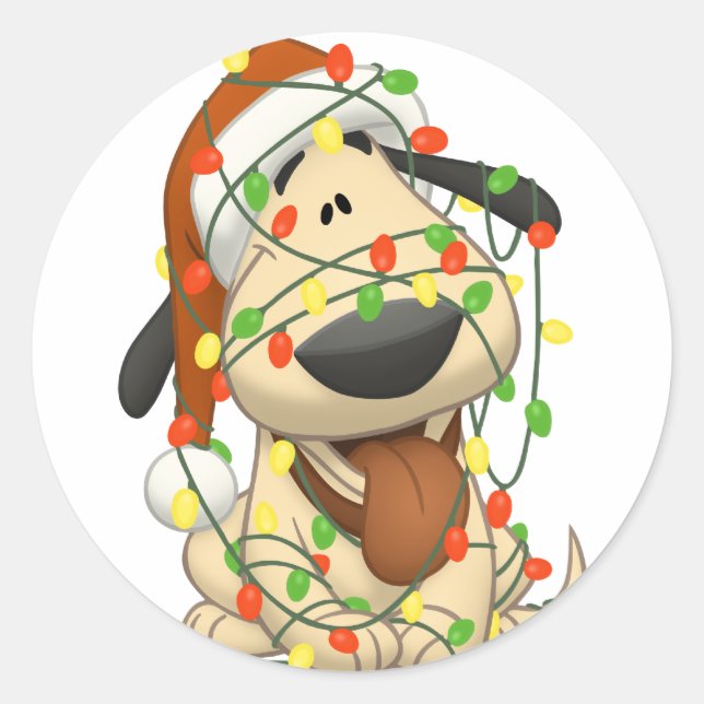 Pegatina Redonda Navidades alumbran a curioso perro porcino (Anverso)